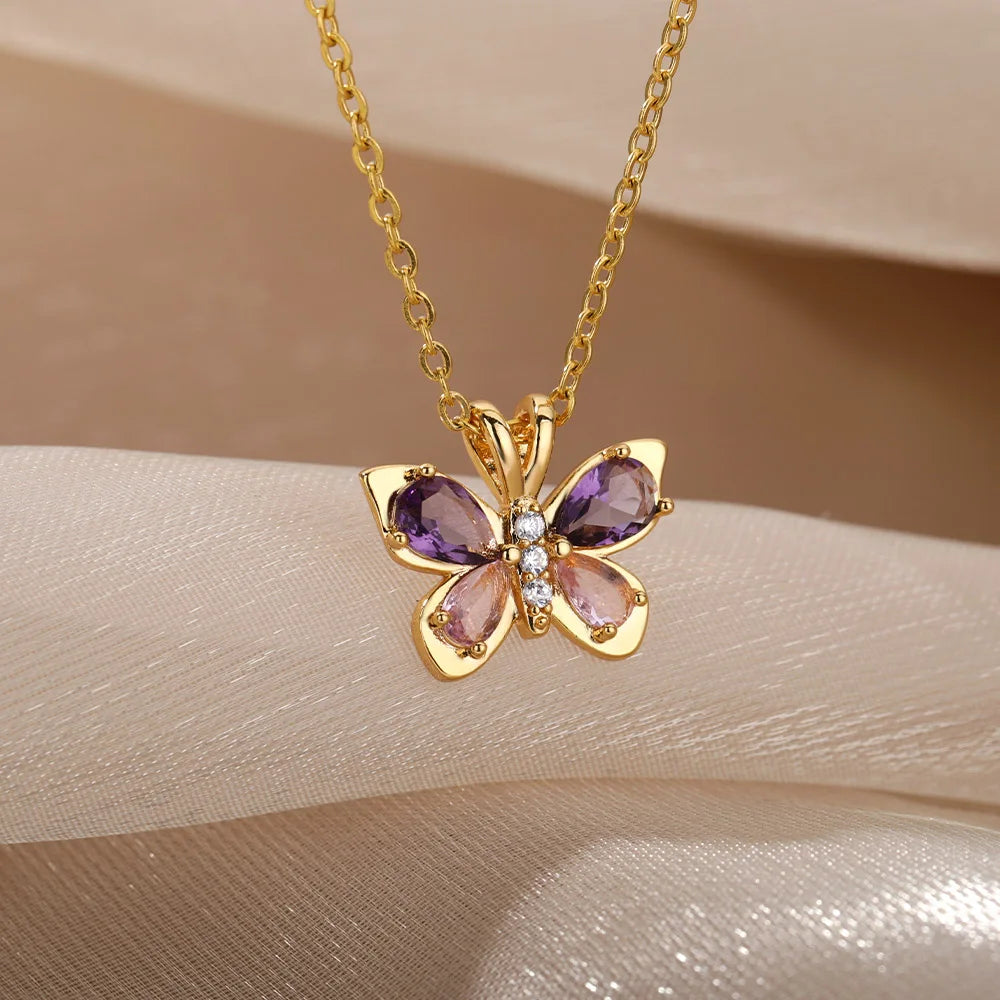 Cute Butterfly Necklace for Women Crystal Purple Butterfly Aesthetic Necklaces Charms Choker Party Stainless Steel Jewelry Gift