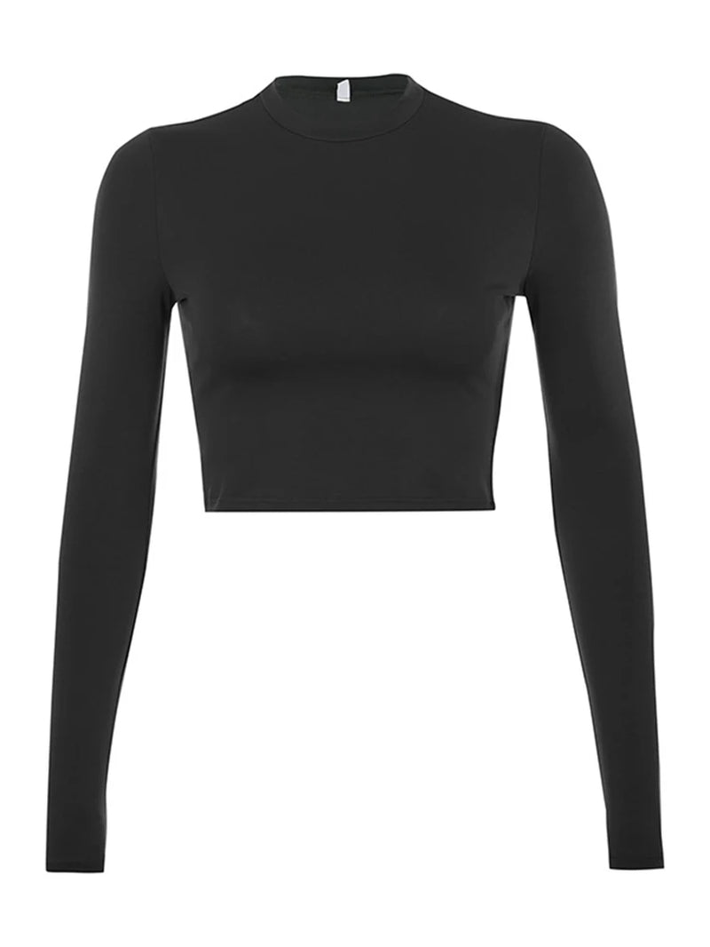 "Chic Solid Long Sleeve Crop Top for Women - Casual Black & White Korean Fashion Tee"