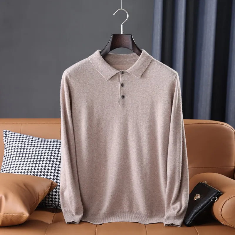 Cashmere Cotton Blend Polo Collar Sweater Men Tops 2023 Autumn Winter Mature Male Business Casual Turndown Knitted Wool Pullover