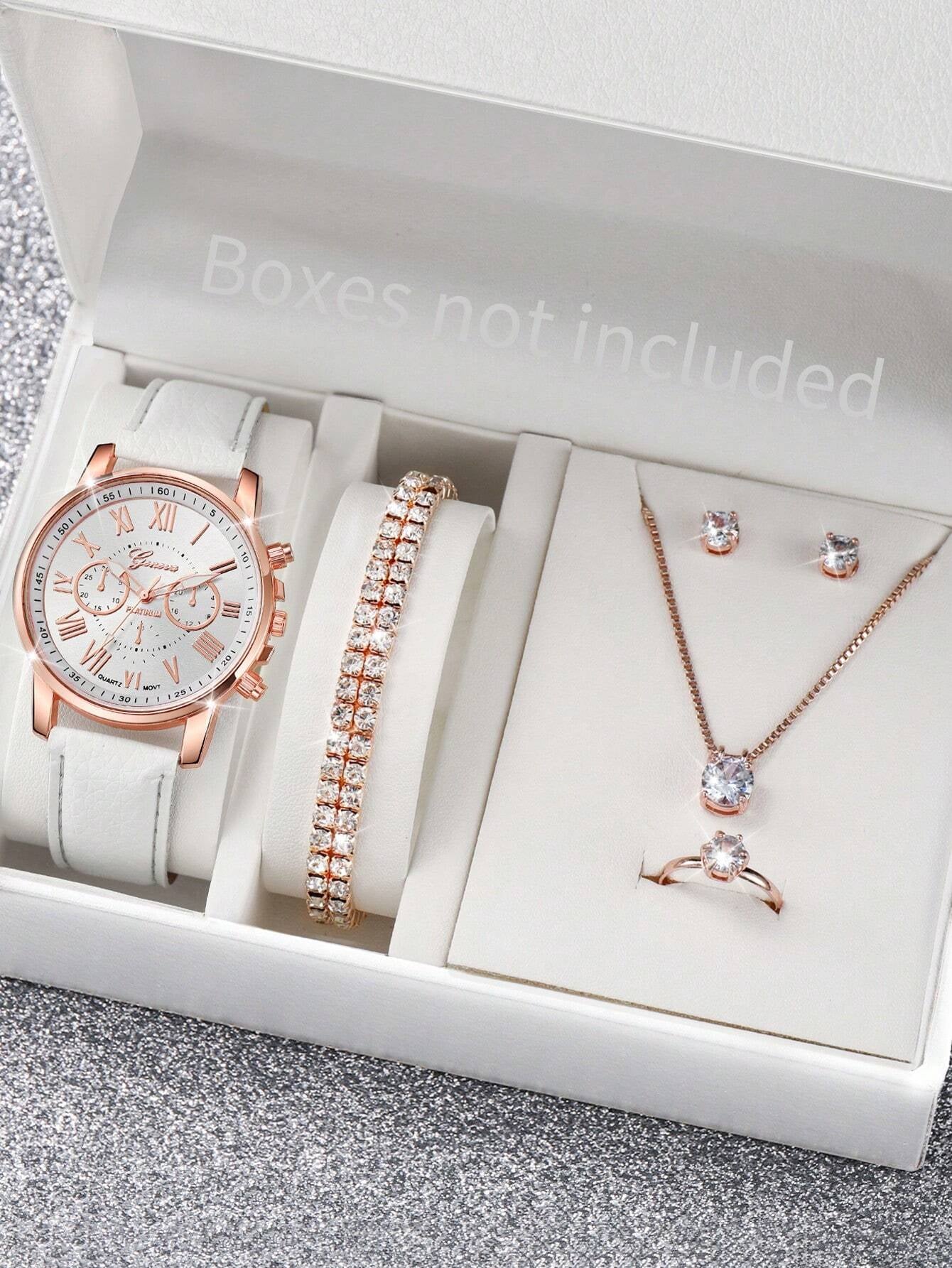 Women'S Fashionable Quartz Watch with Three Sub-Dials, Roman Numerals & Jewelry Set (6Pcs/Set) as a Gift for Students Returning to School