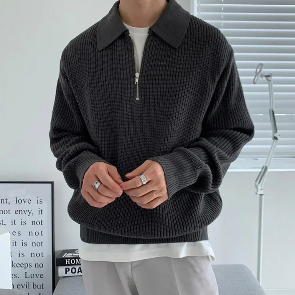 "Men's Winter Lapel Sweater - Stylish Warm Knit Pullover with Zipper - Casual Korean Long Sleeve Jumper (M-2XL)"