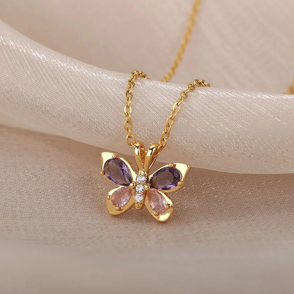 Cute Butterfly Necklace for Women Crystal Purple Butterfly Aesthetic Necklaces Charms Choker Party Stainless Steel Jewelry Gift