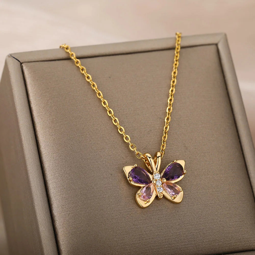 Cute Butterfly Necklace for Women Crystal Purple Butterfly Aesthetic Necklaces Charms Choker Party Stainless Steel Jewelry Gift